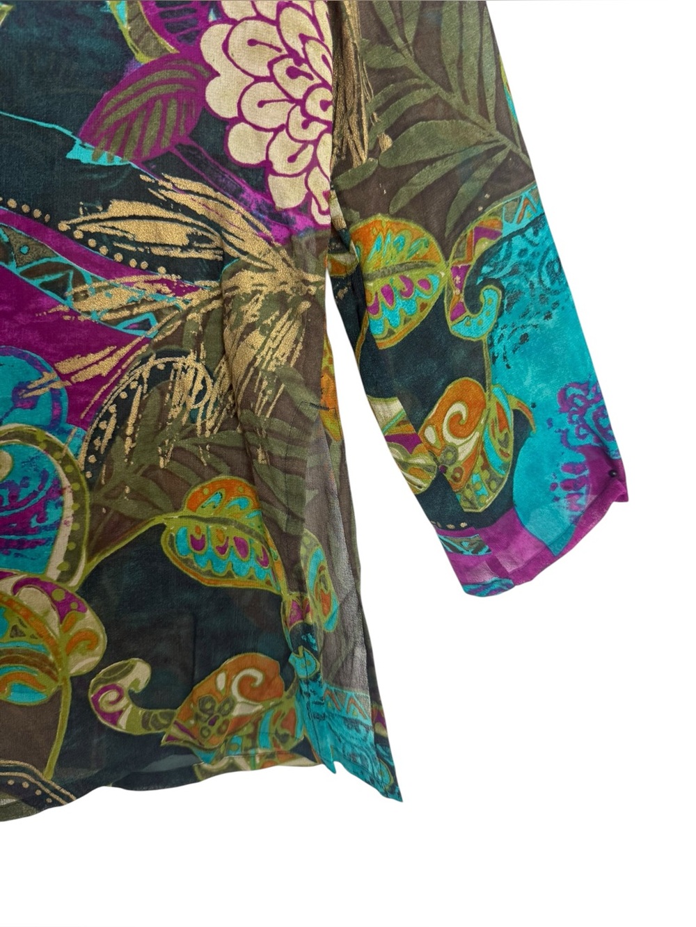 Chico’s 100% Silk Abstract Floral Tunic Top Semi Sheer Jewel Tone US 4 - Picture 10 of 15